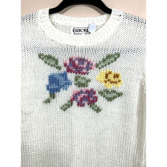 VTG Ricki Womens Floral Sweater M White Cottagecore Granny 80s 90s Twee Coquette - Picture 2 of 5